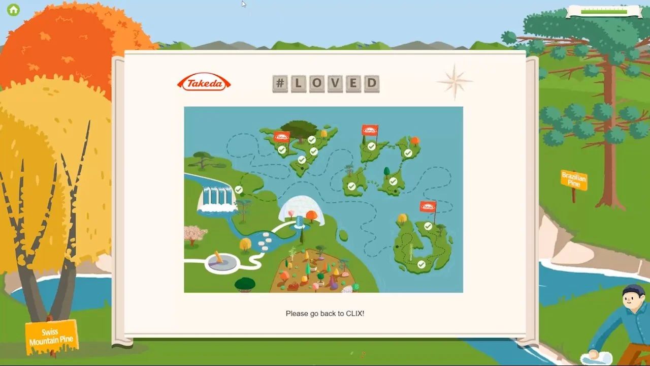 Gamified e-learning module developed for Takeda, showing an interactive learning journey with a map, completed challenges and progress tracking.