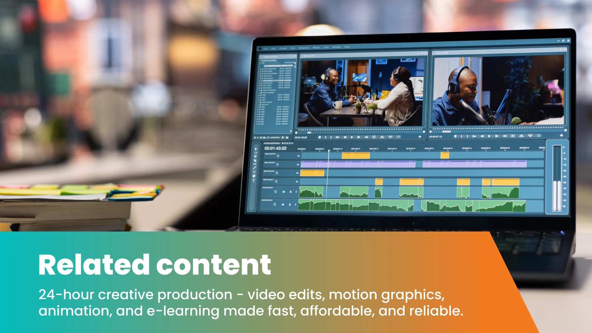 Content related to 24-hour creative production - video edits, motion graphics, animation, and e-learning made fast, affordable, and reliable.