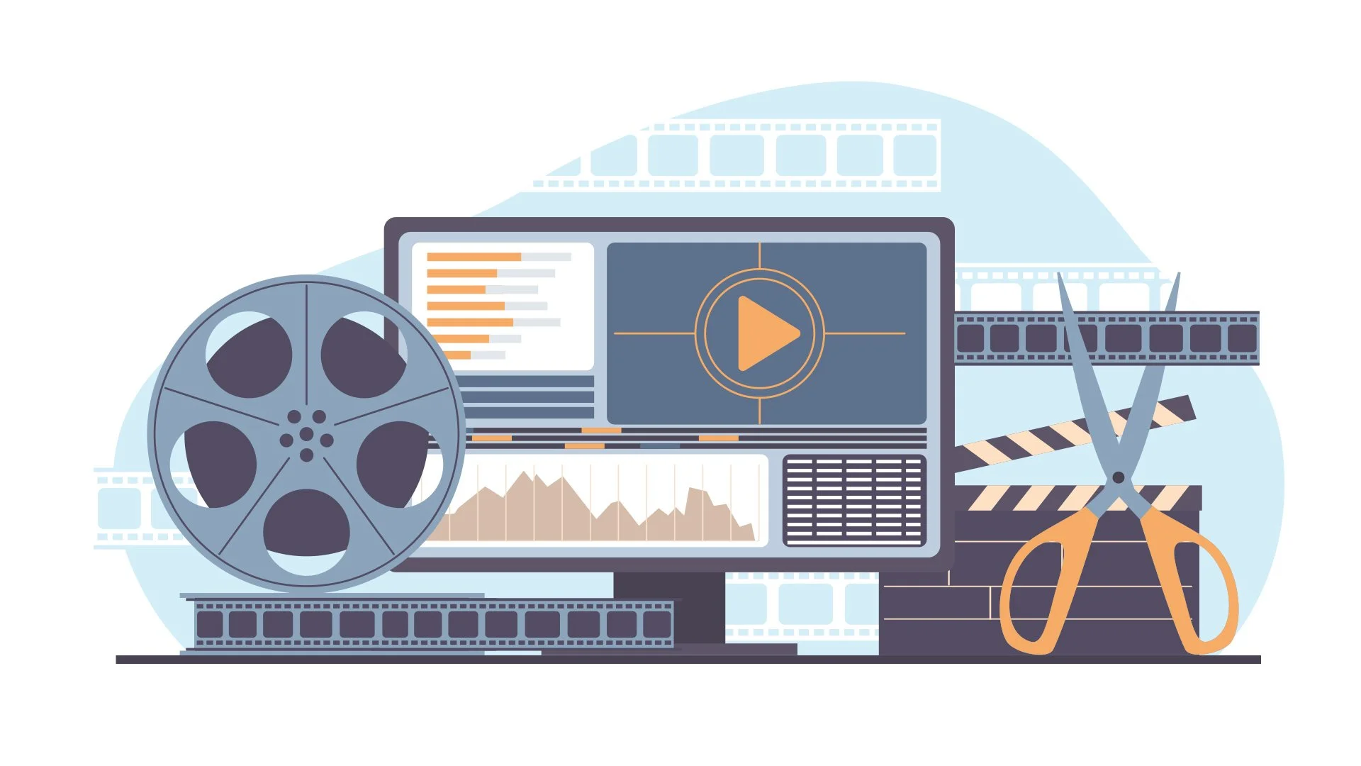 A flat illustration showing a video editing workspace with a computer screen displaying a video player and timeline, a film reel, film strips, scissors, and a clapperboard, representing video editing and post-production services.