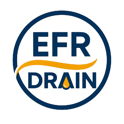 Logo de EFR DRAIN avec le texte en majuscules, un cercle, une vague orange et une goutte d'eau.