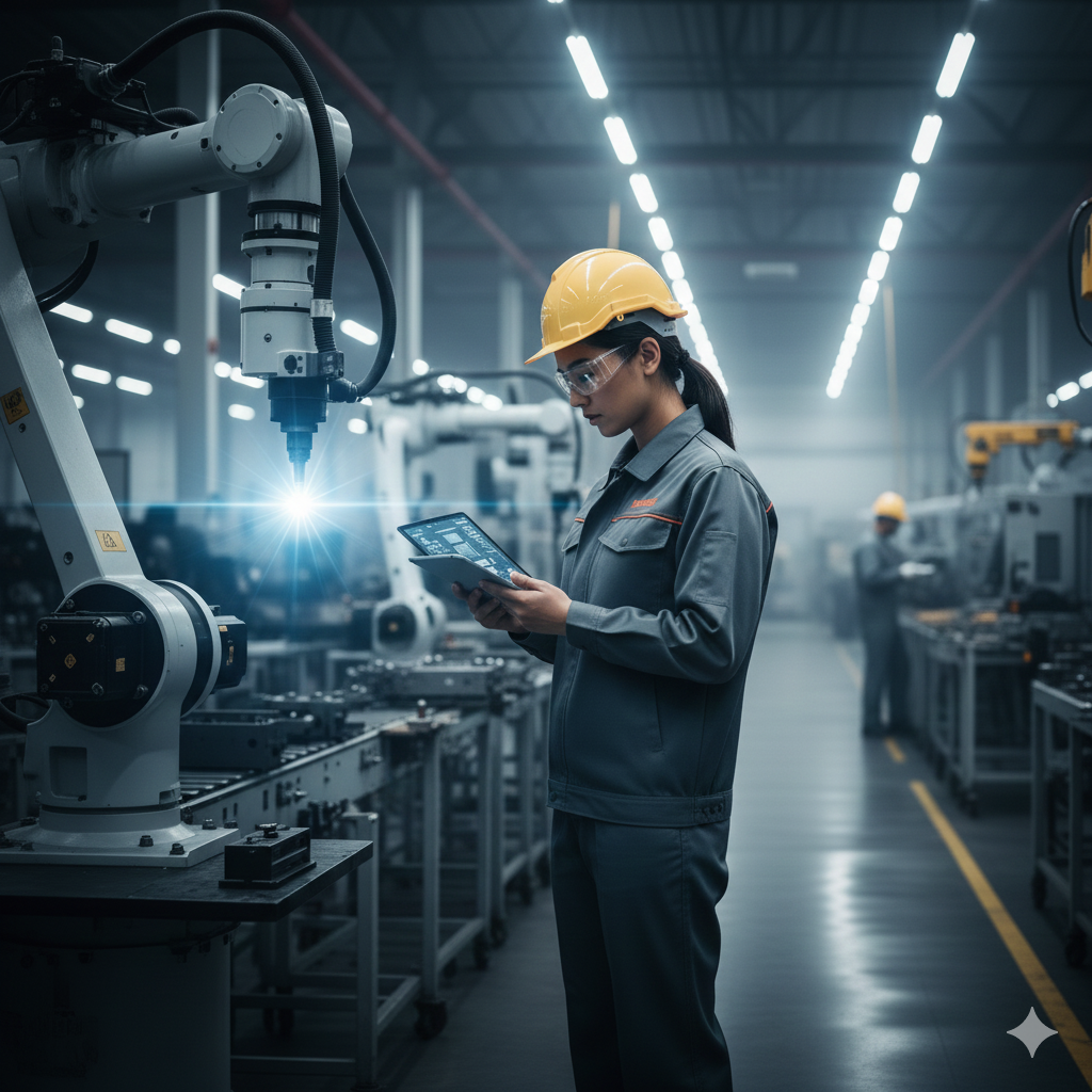 Femme ingénieure dans une usine utilisant une tablette, entourée de machines industrielles et robots