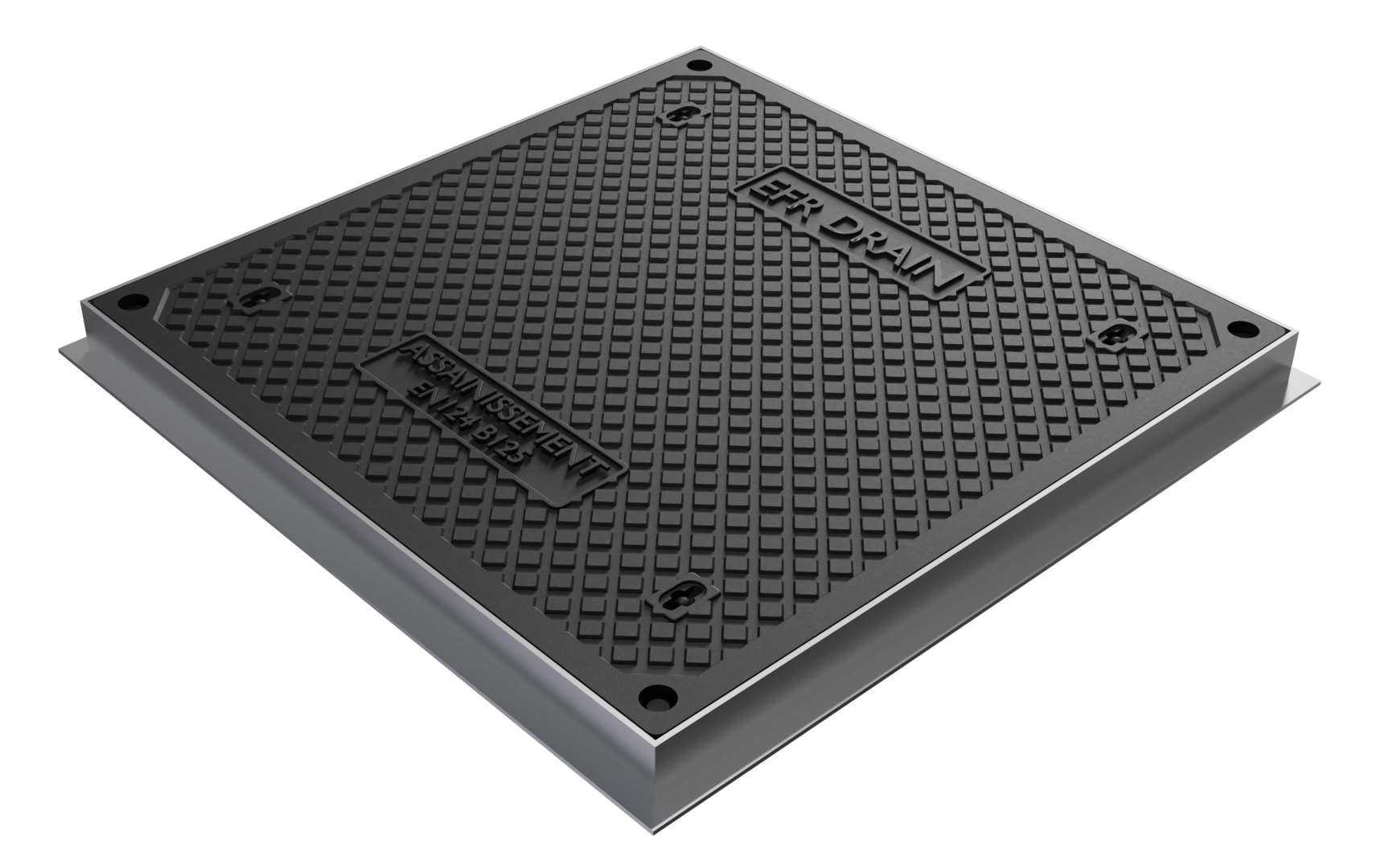 Une grille d'égout en métal noir avec des motifs en relief et des inscriptions en français.