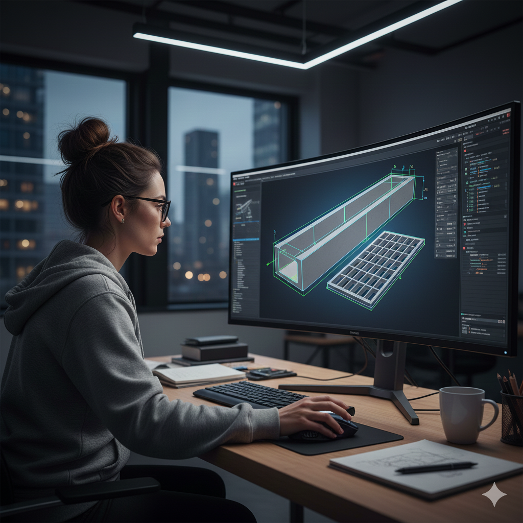Femme travaillant sur un ordinateur avec une modélisation 3D d'une structure rectangulaire sur l'écran, dans un bureau moderne avec vue sur la ville