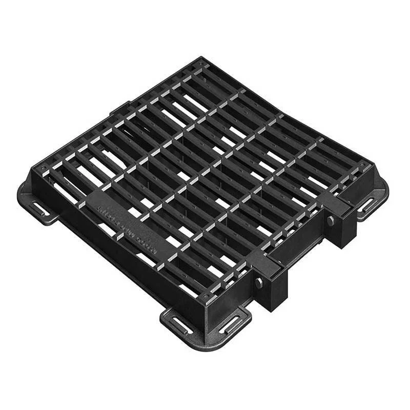 Grille de protection en plastique noir avec une grille rectangulaire, utilisée pour couvrir un drain ou une sortie de plomberie.
