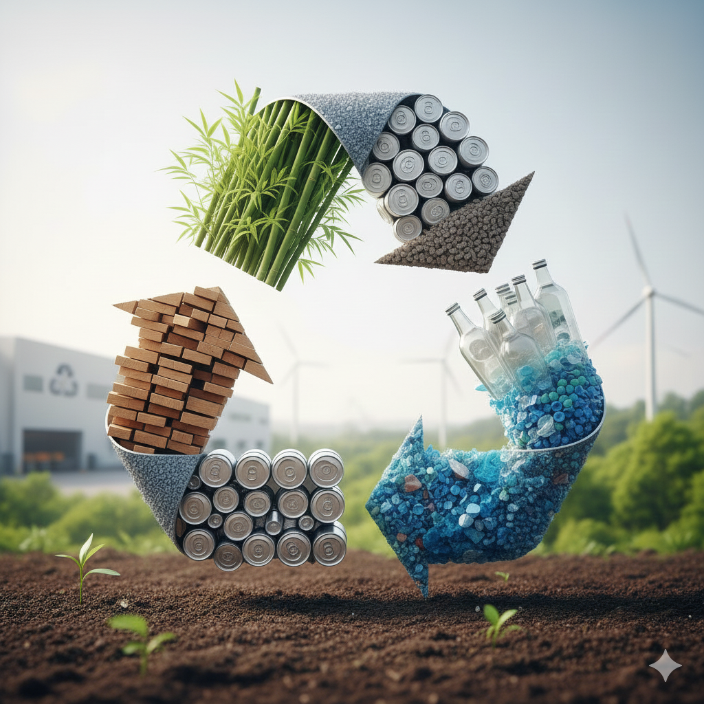 Recyclage de différents matériaux : bambou, pneus, bois, bouteilles, gravier, avec éoliennes en arrière-plan.