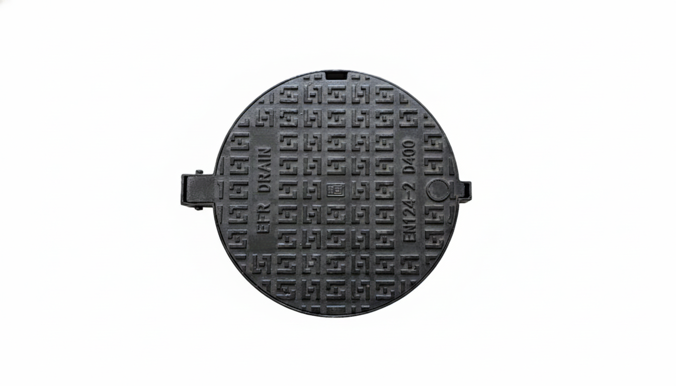 Une couverture de puisard en fonte ronde avec un motif de labyrinthes et des inscriptions, y compris 'EHR DRAIN' et des codes comme 'EN124-2 D400'.