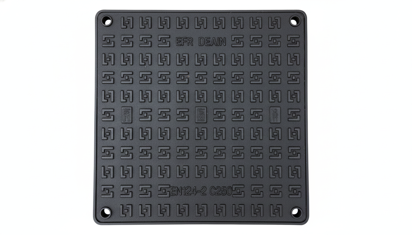 Plaque de câblage électrique en plastique noir avec des motifs et des inscriptions, y compris "EFR DEAIN" et des codes de norme comme "EN124-2 C250".