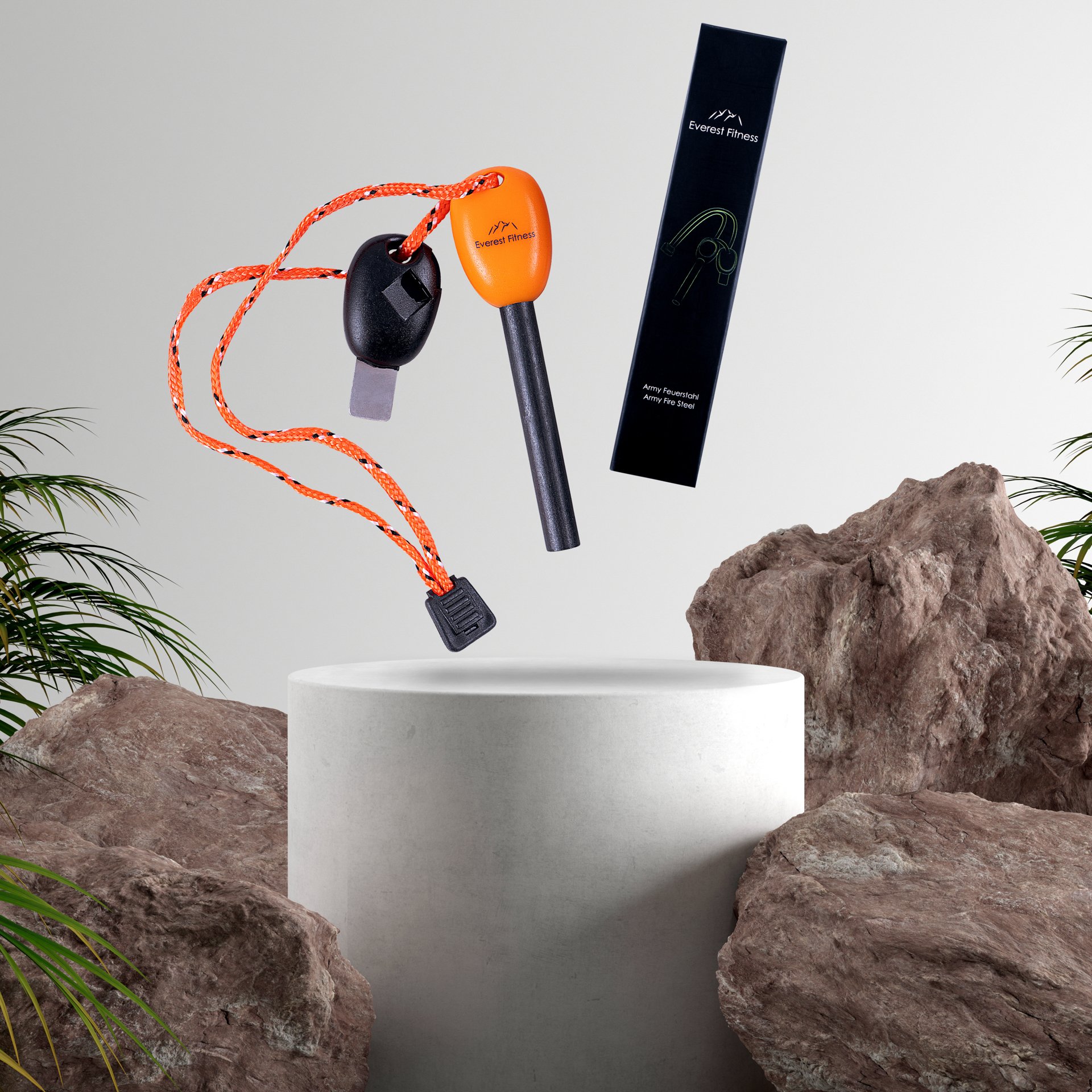 A climbing axe, harness, and a box of Everest Fitness headphones float above a white cylindrical pedestal, with large rocks and green plants surrounding the scene.
