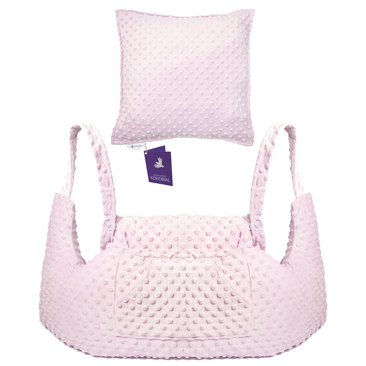 Pink baby lounger with raised edges and a matching pink pillow, all made of textured fabric with small raised dots.