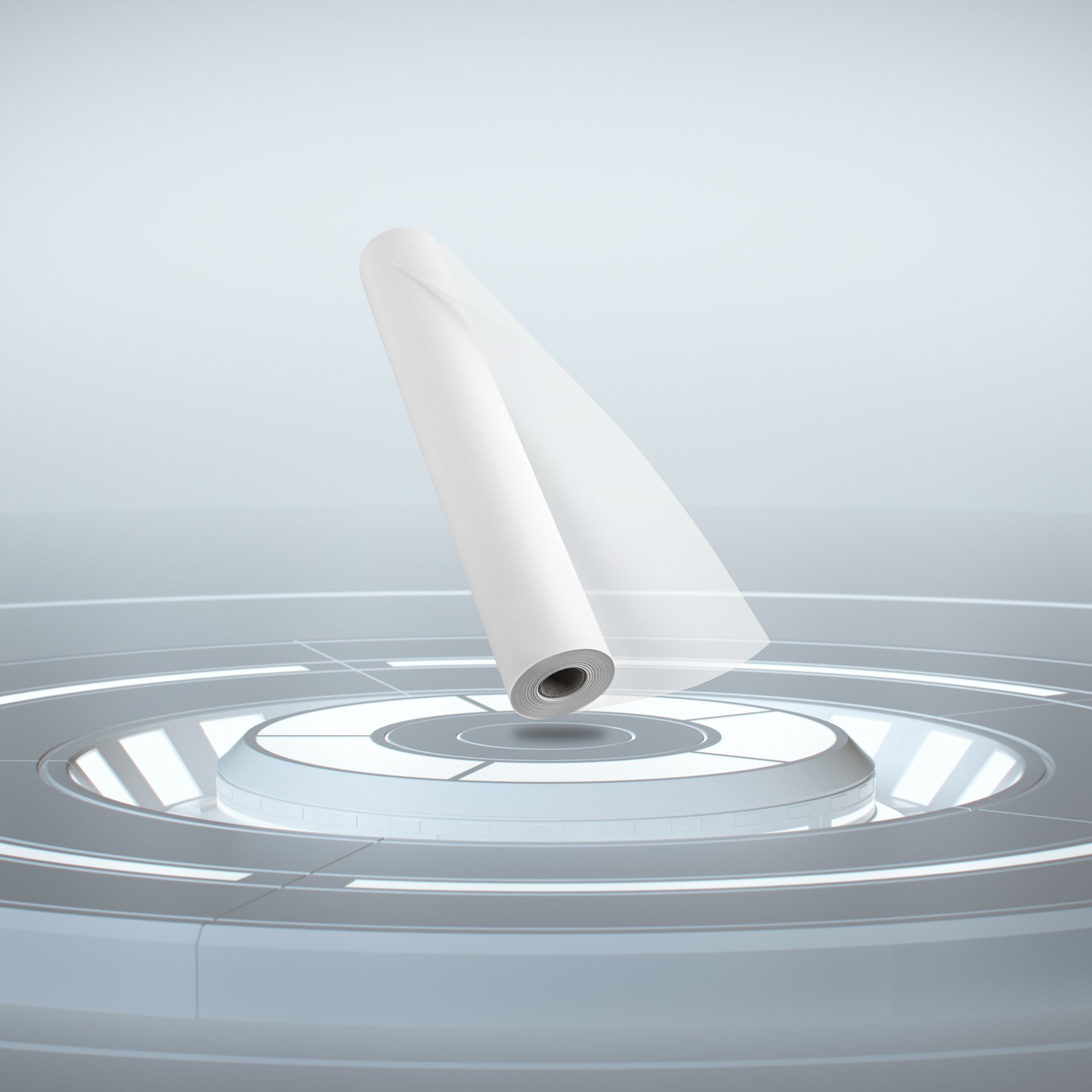 A roll of white medical or sterile film or sheet material in mid-air above a futuristic, circular, white and gray platform or disc with glowing elements.