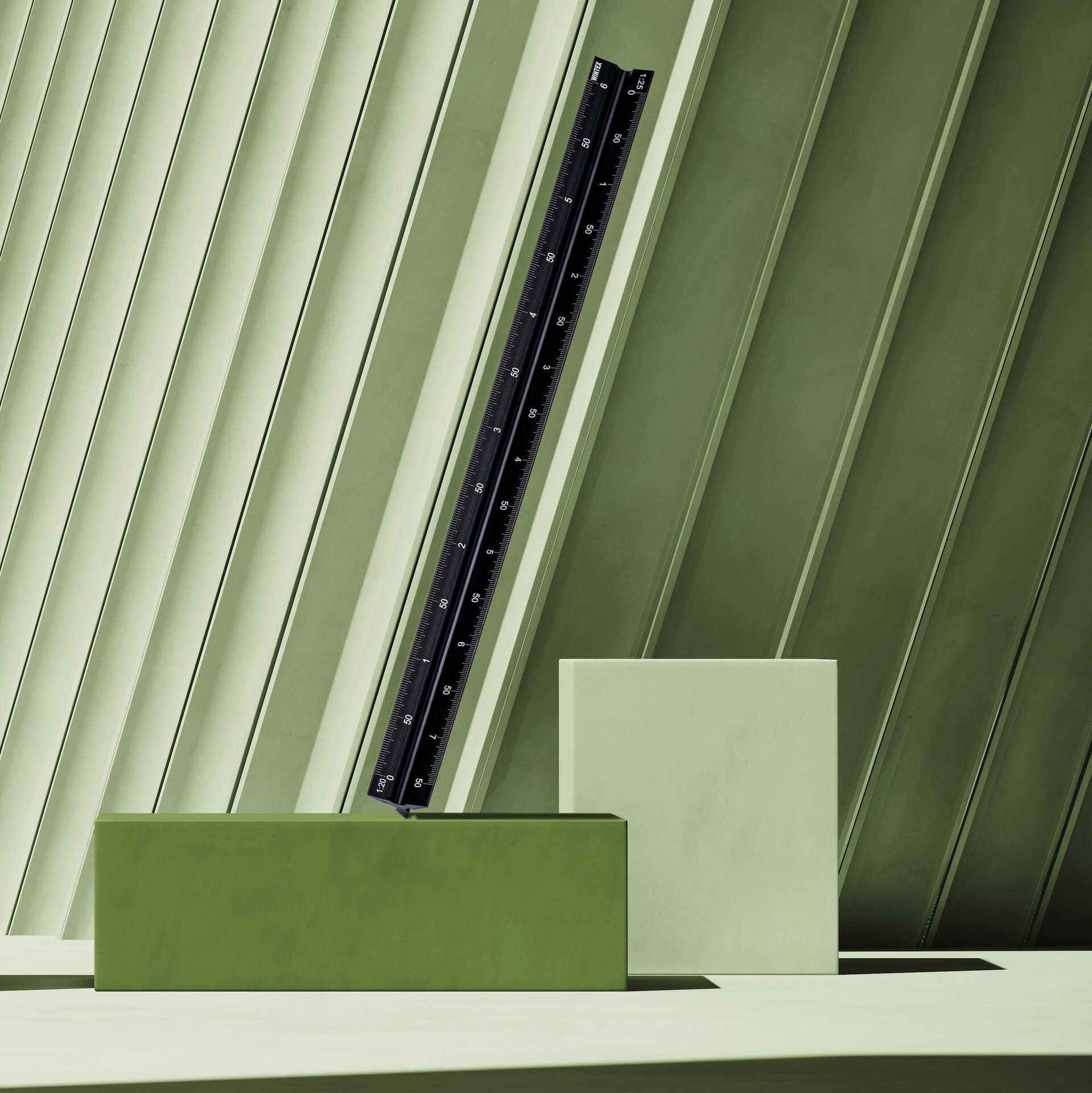 A black and white level tool resting on a green and white striped surface with geometric shapes in shades of green and white in the background.