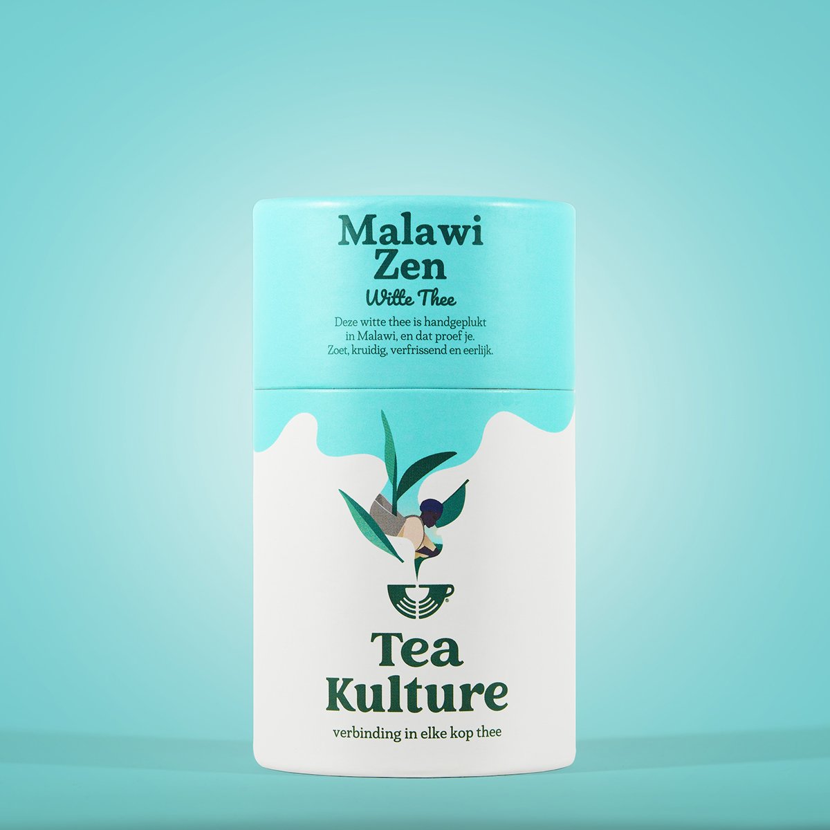 Packaging of Malawi Zen White Tea from Tea Kulture with a light blue and white design, featuring a stylized illustration of a person and tea leaves, and Dutch text describing the tea.