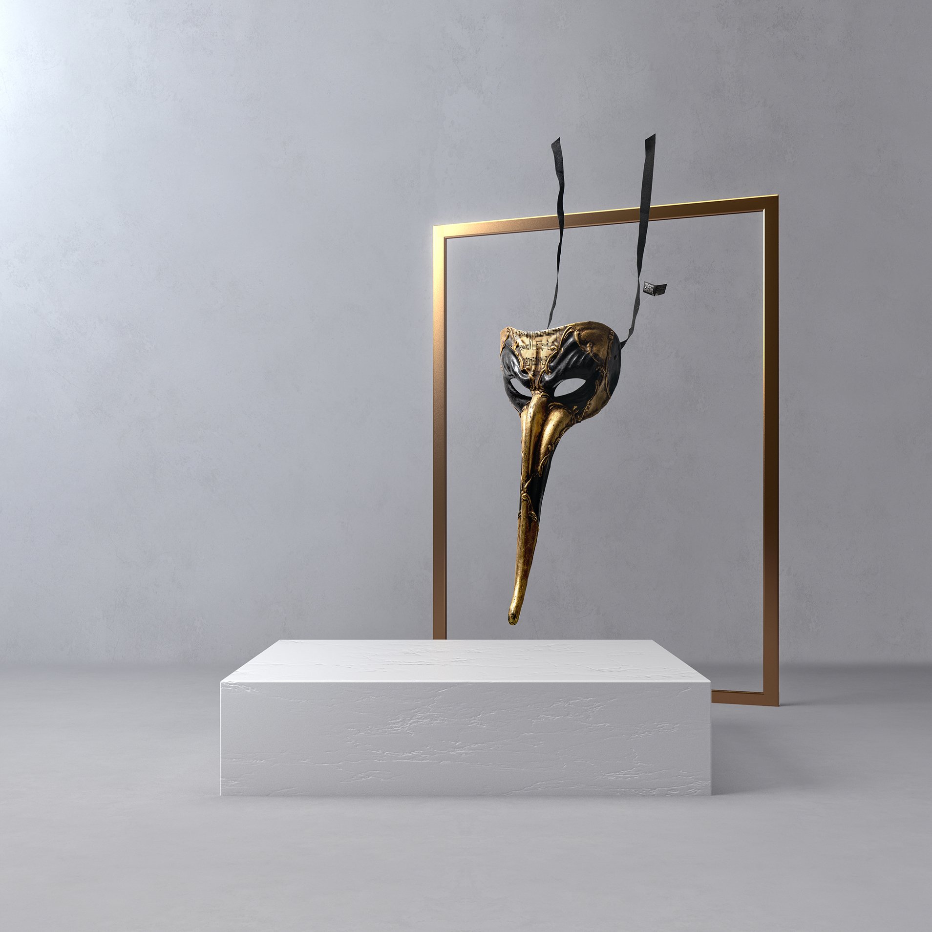 An artistic mask resembling a bird's beak, painted in black and gold, hangs between two black ribbons inside a gold frame on a gray wall, with a white textured platform below.