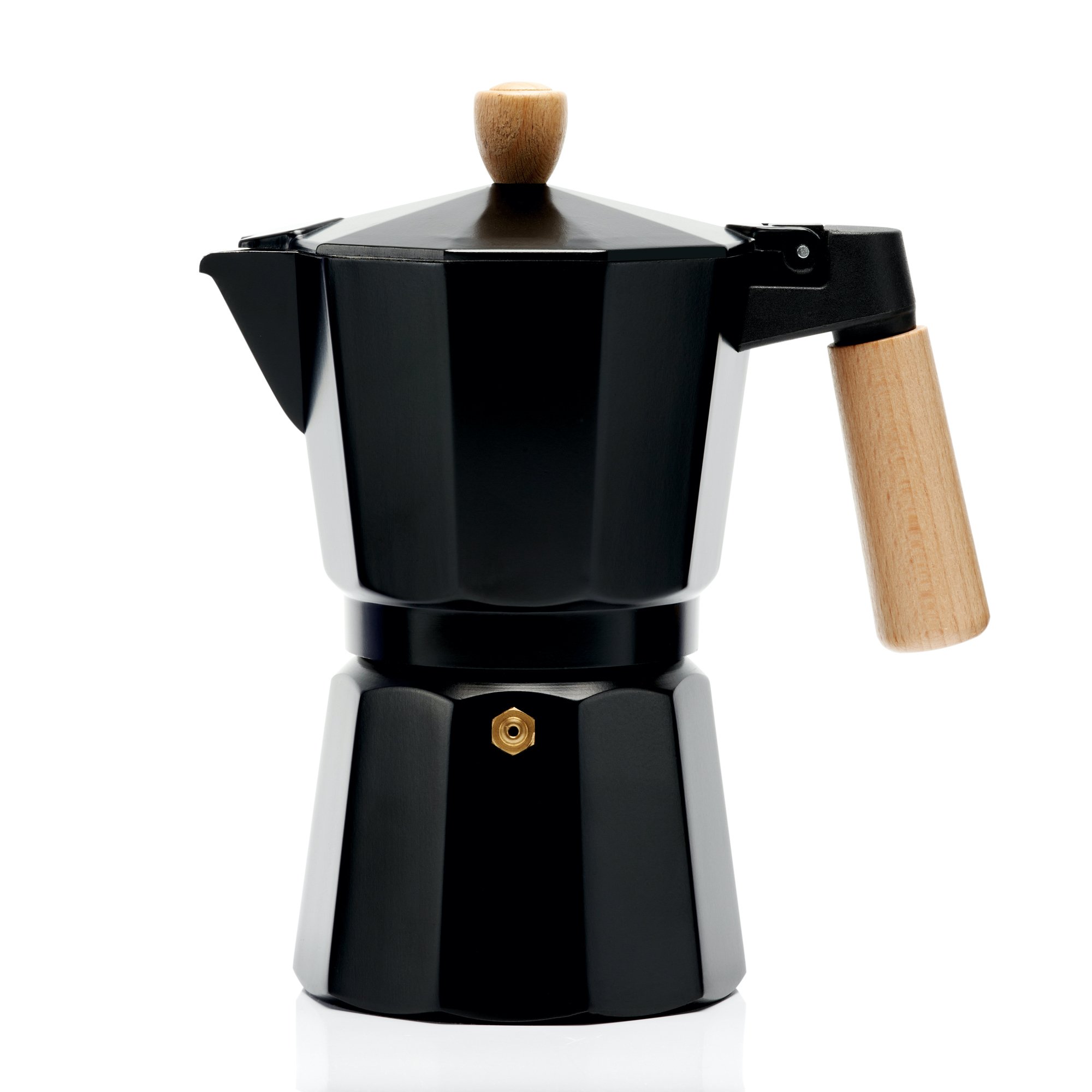 Black stovetop espresso maker with wooden handle and knob on lid, isolated on white background.
