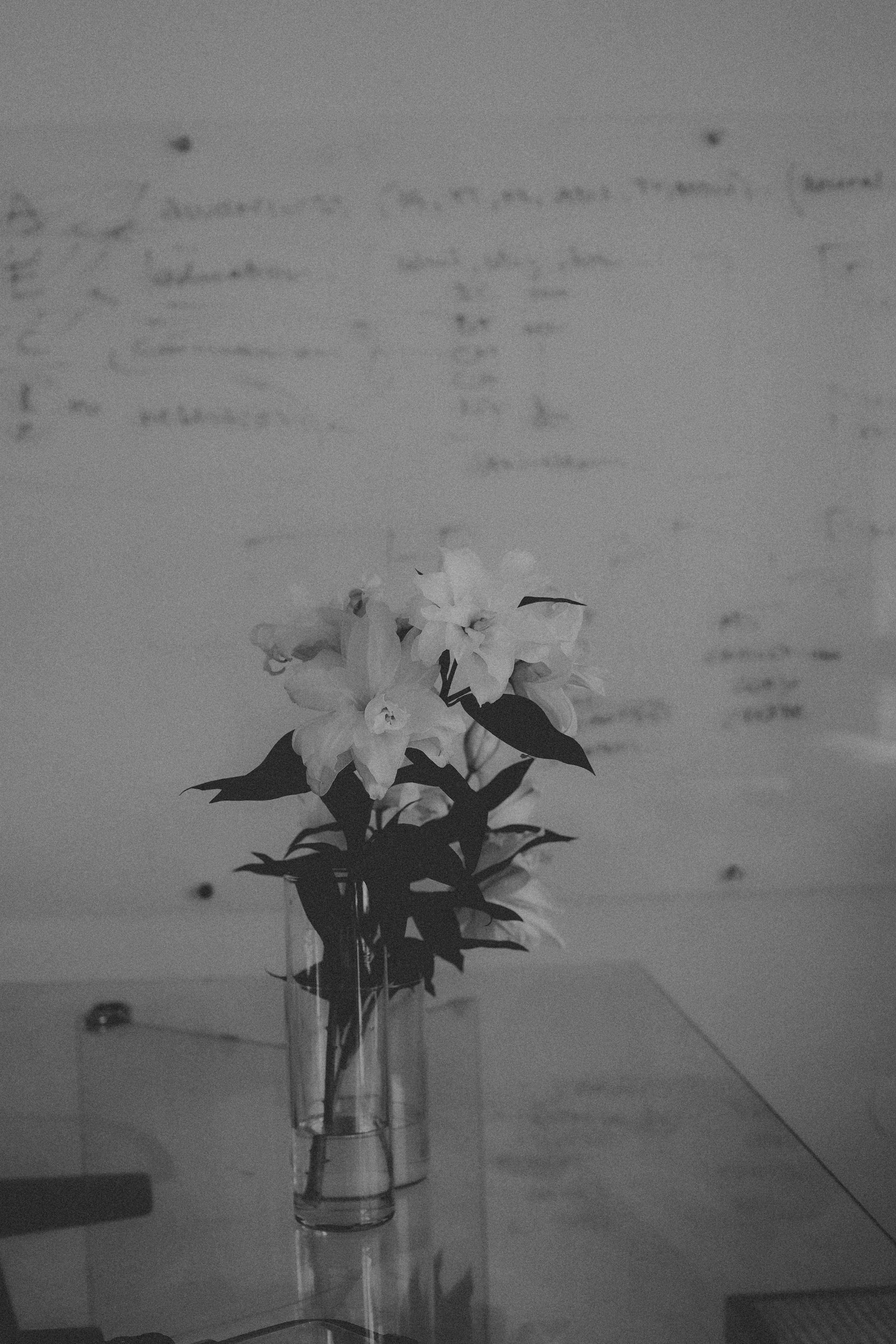 A black and white photo of a vase with flowers on a table, with handwritten notes on a whiteboard or paper in the background.