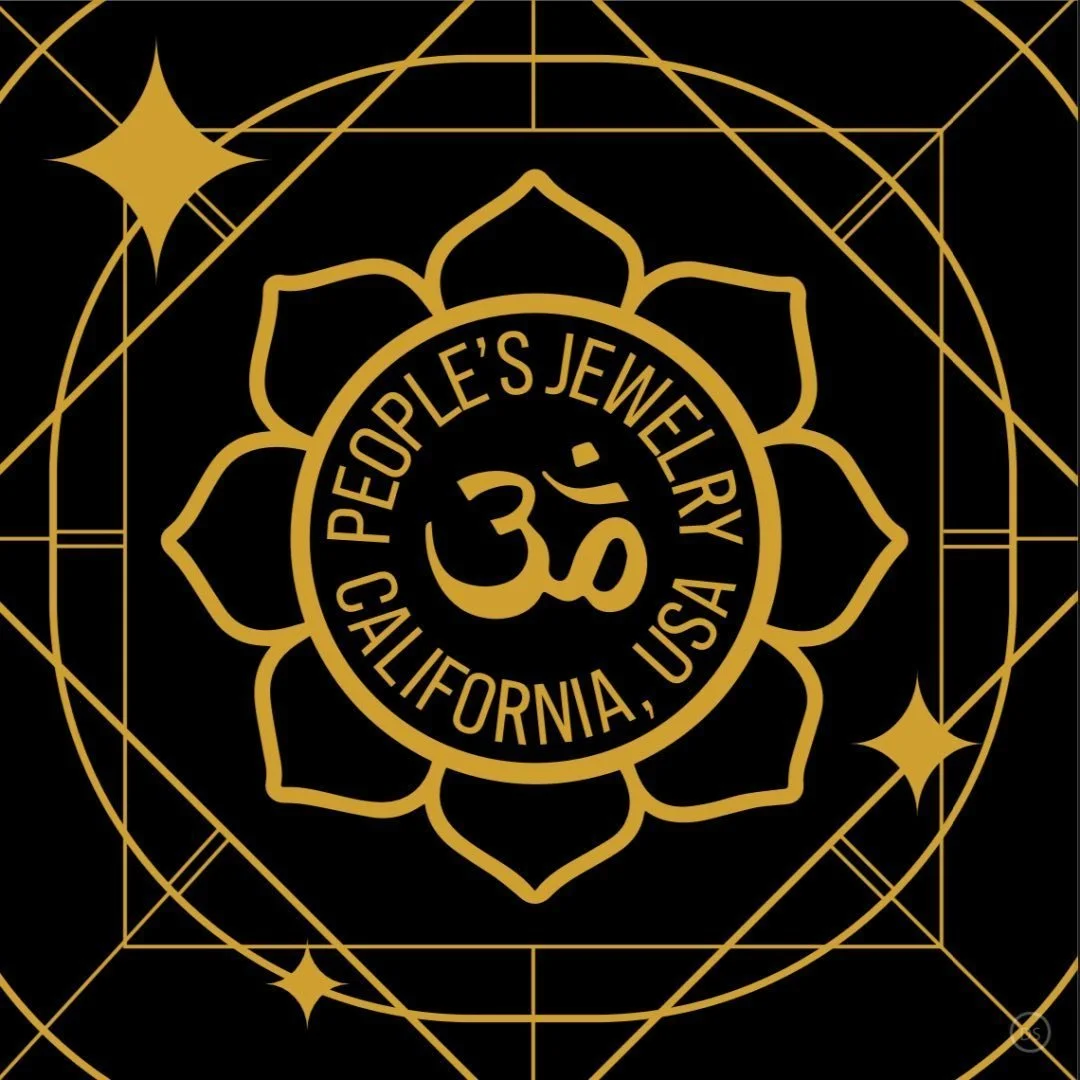 Design featuring a black background with gold geometric patterns, a lotus flower outline, and the text 'People's Jewelry California, USA' surrounding a central 'Om' symbol.