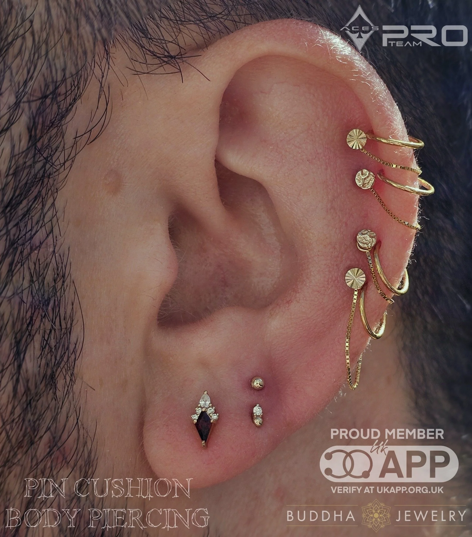 Close-up of a person's ear with multiple gold earrings, including a gauge, hoops, and chain earrings, with text overlay promoting body piercing and jewellery.