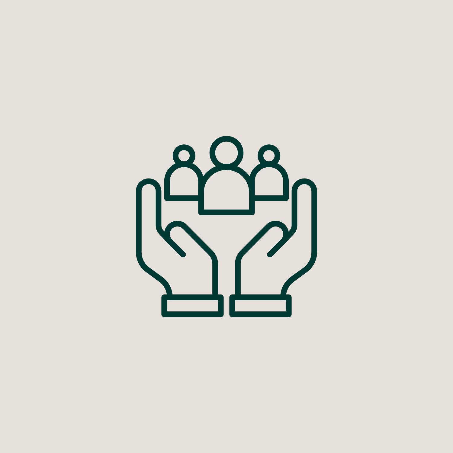 Outline icon of two hands holding three human figures, symbolizing care or support.