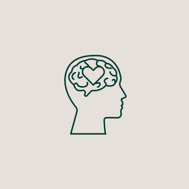 Line drawing of a person's side profile with a brain and a heart inside it, symbolizing mental health and emotional well-being.