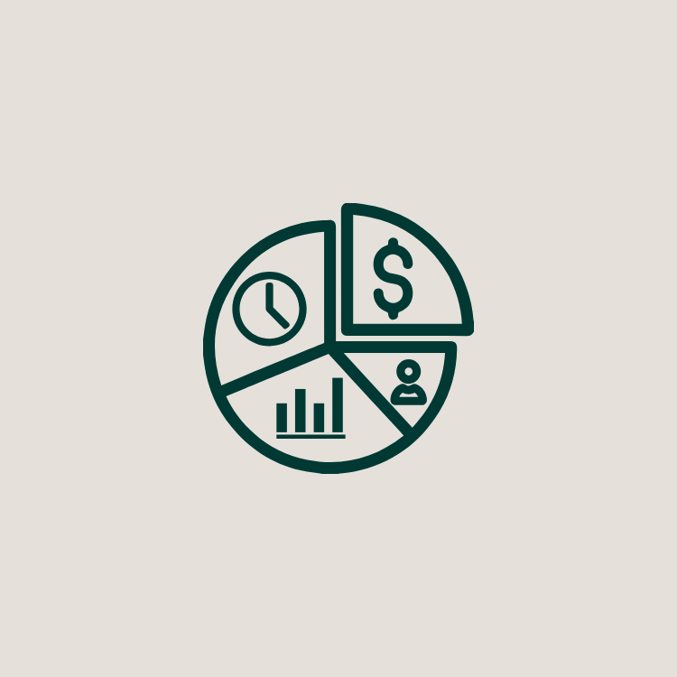 Pie chart with icons representing a clock, dollar sign, bar graph, and person.
