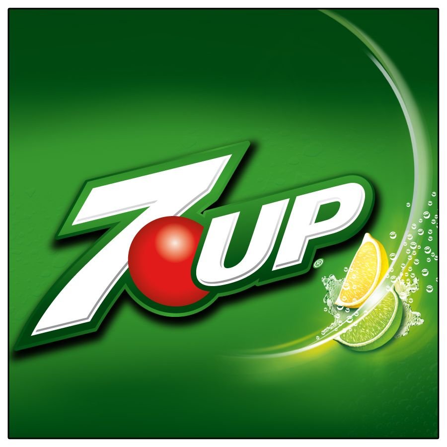 A green 7UP soda logo with a lemon and lime slice on the right side, featuring bubbles and a splash design.
