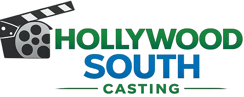 Logo for Hollywood South Casting featuring a film reel and clapperboard with the words Hollywood South Casting in green and blue text.