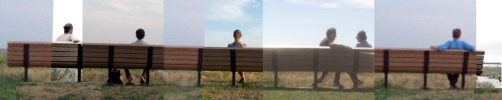Six images of people sitting on a park bench, each with different backgrounds and angles.