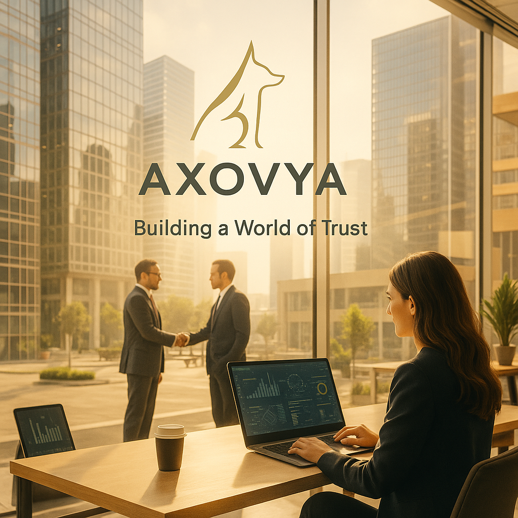 Businesswoman working on a laptop inside an office, overlooking two men in suits shaking hands outside in a cityscape of tall buildings.