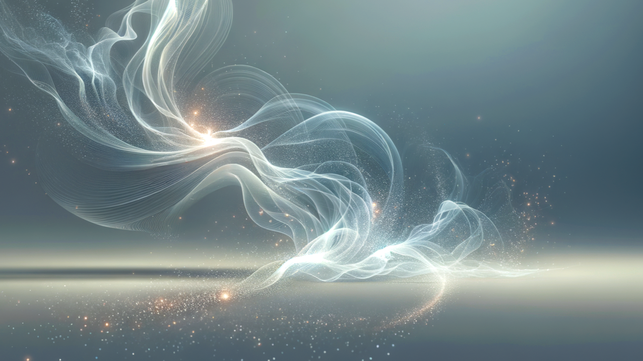 Abstract digital art with swirling white and light blue lines and sparkles against a muted background.