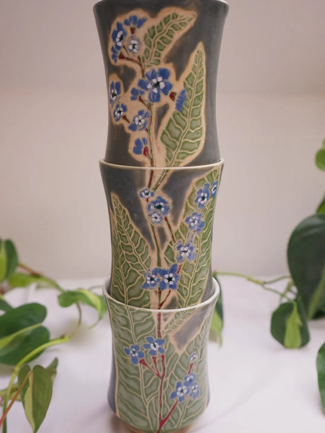 Forget-Me-Not Stacking Tea Cups ~ Set of 3 (#2) SECONDS