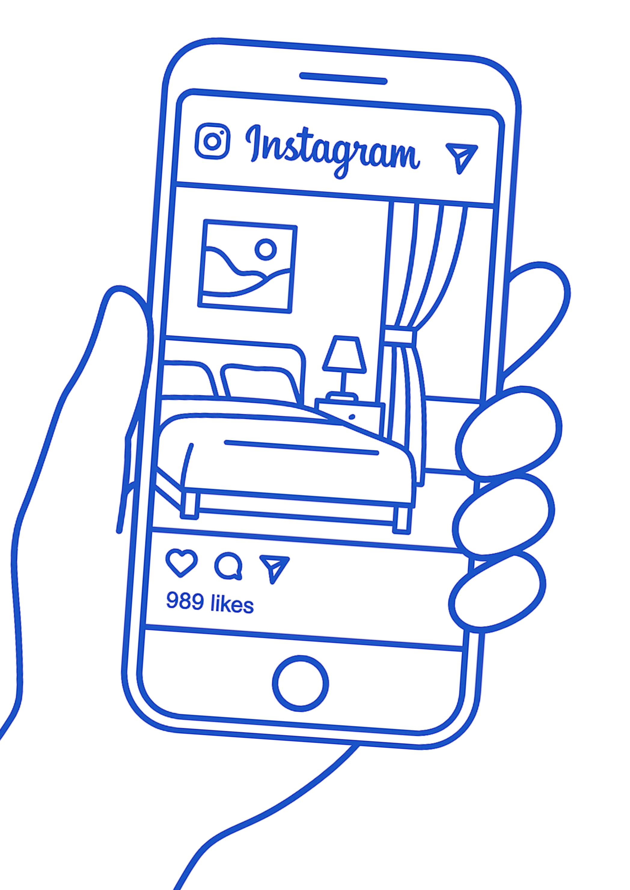 Blue neon outline of a hand holding a smartphone displaying an Instagram post with a photo, some icons, and '99 likes' at the bottom.