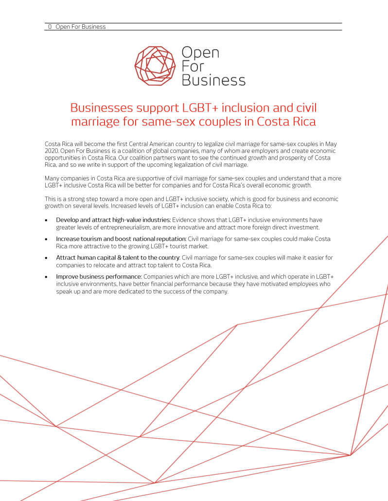 Businesses support LGBT+ inclusion and civil marriage for same-sex couples in Costa Rica