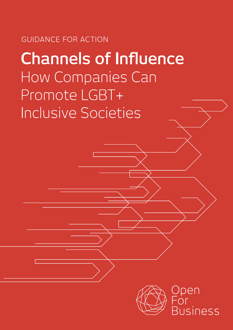 Report cover with red background and white text reading: Guidance for Action, Channels of Influence, How Companies Can Promote LGBT+ Inclusive Societies