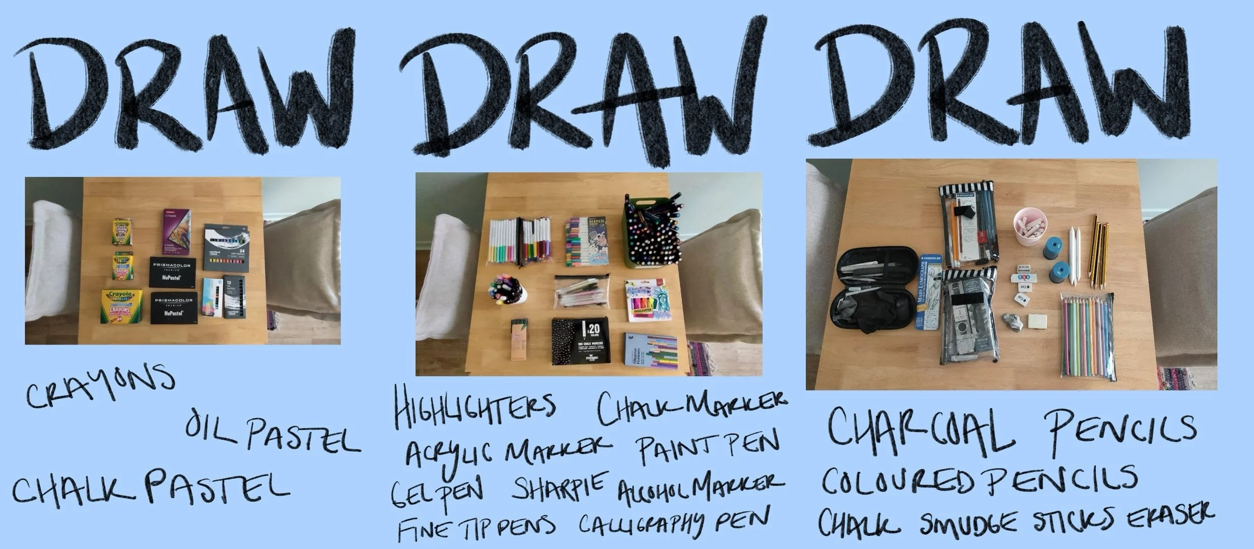 Pictures of various drawing materials and hand written list of materials including crayons, chalk pastels, oil pastels, markers, pens, charcoal, coloured pencils, chalk, and pencils.