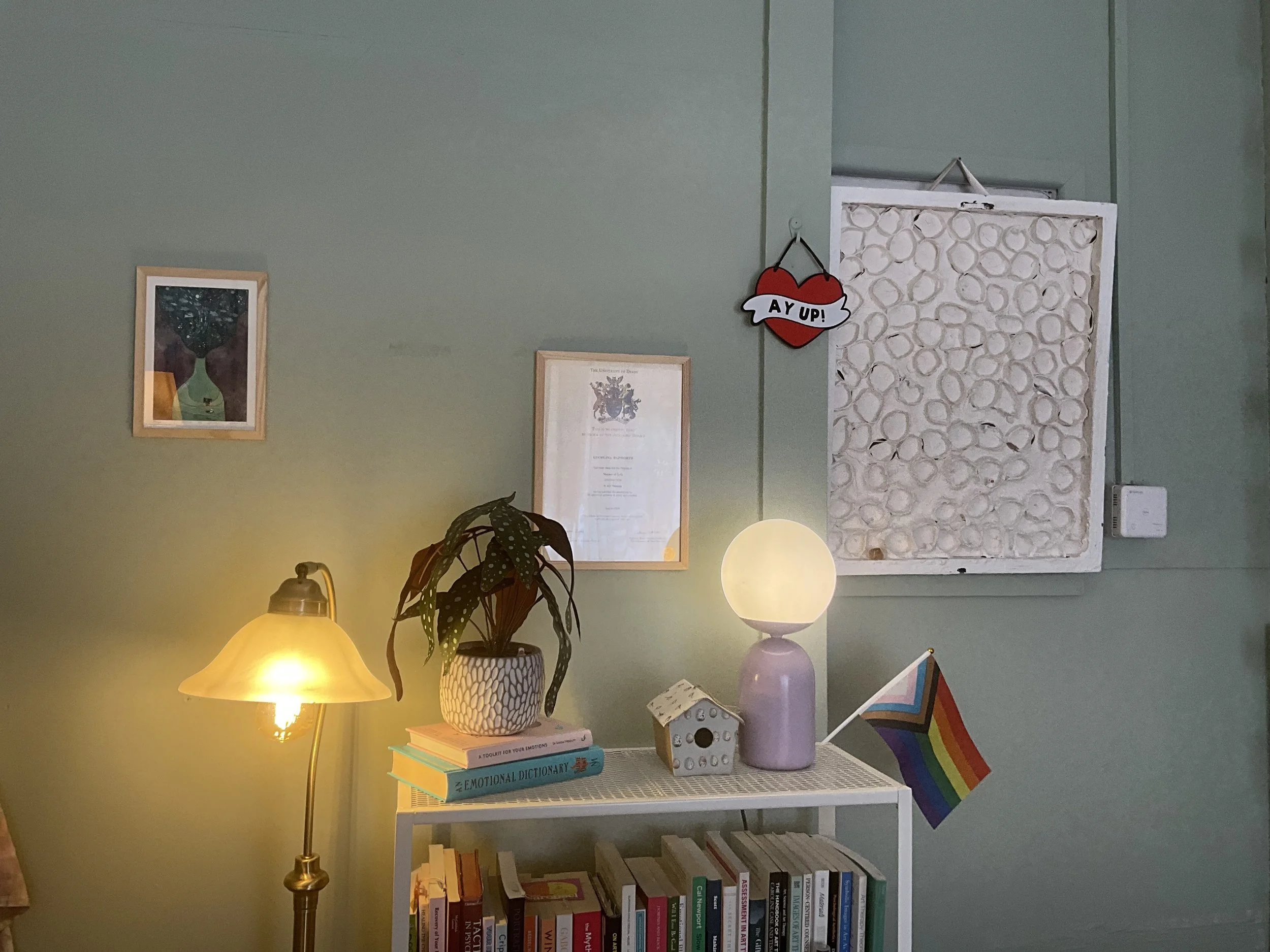 an image of the top of a bookshelf in the therapy studio that has a plant on top of two stacked books, a little birdhouse, and a lilac lamp and an inclusive pride flag. The the left of the shelf is a gold lamp shining warm light.