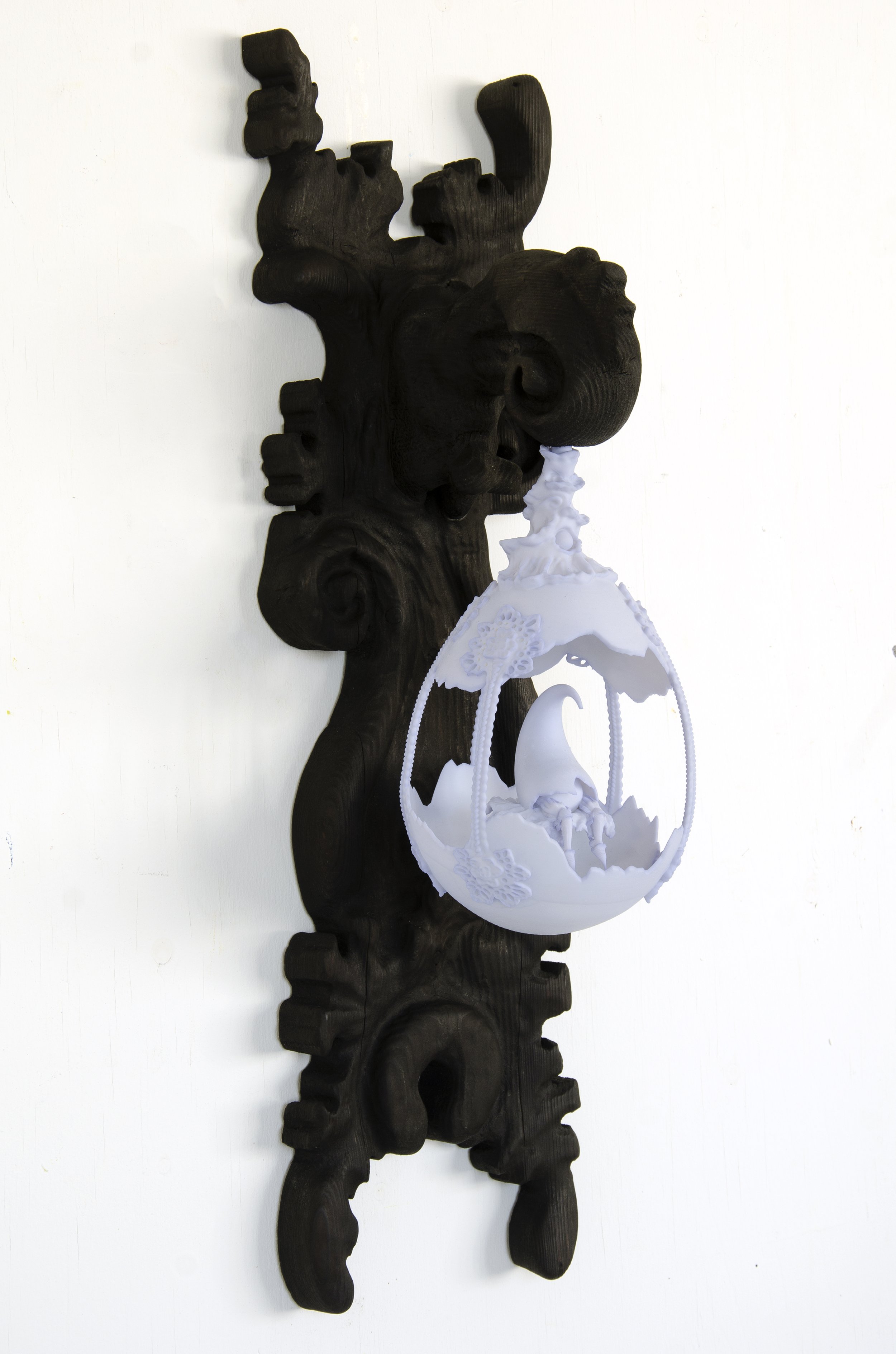 Eetu Sihvonen
 Have You Come to Be One With the Dew Drops? , 2024
Charred pinewood, 3D printed soy-based resin, linseed oil, dye, hardware
30 1/4 x 8 x 10 in | 77 x 20 x 25 cm