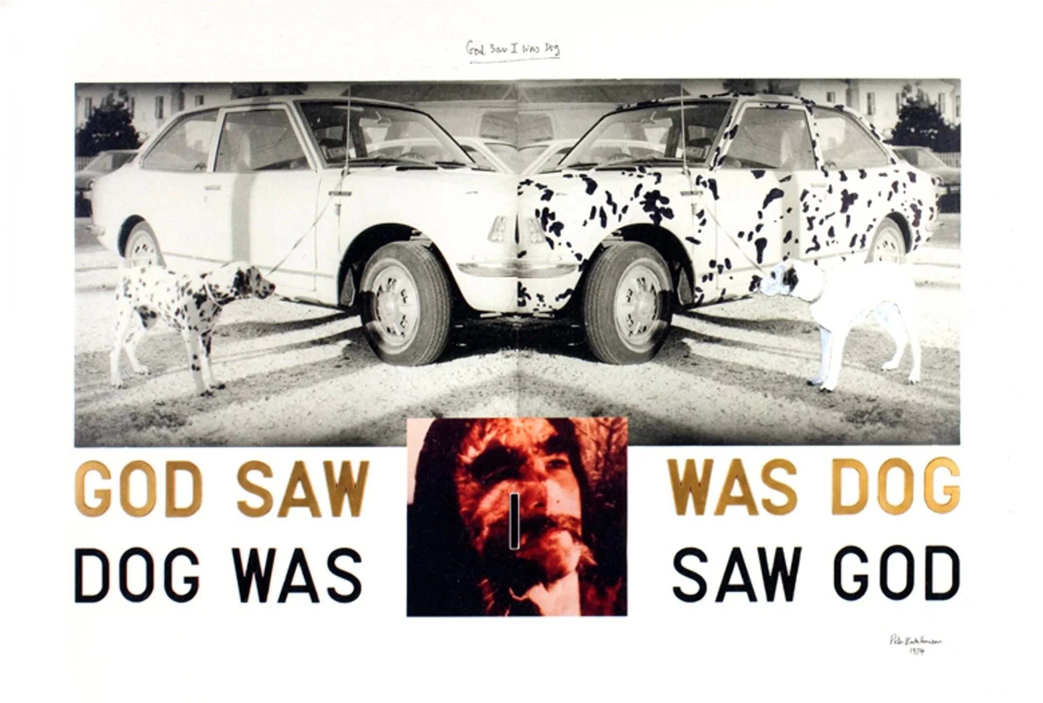  God Saw I Was Dog , 1974
Photo-collage, gouache, oil crayon, ink and text on board
41 x 60 1/2 in | 104 x 154 cm