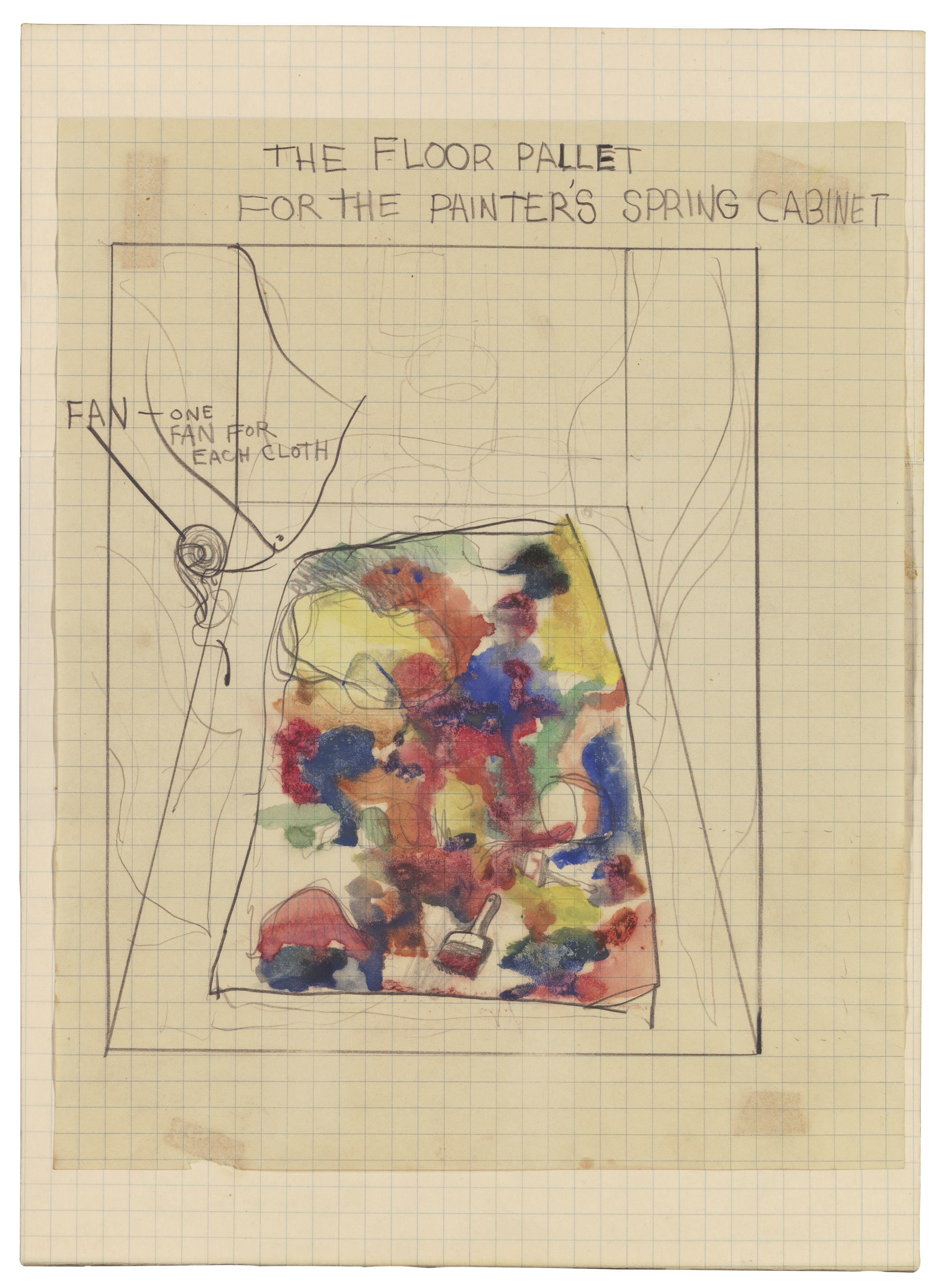  Plan for Environment at Martha Jackson Gallery - FLR Pallet for Painter's Spring Cabinet , 1961
Graphite and watercolor on two adjoined sheets of graph paper mounted on board
12 x 8 5/8 in | 30.5 x 22 cm
14 x 11 in | 35.5 x 28 cm