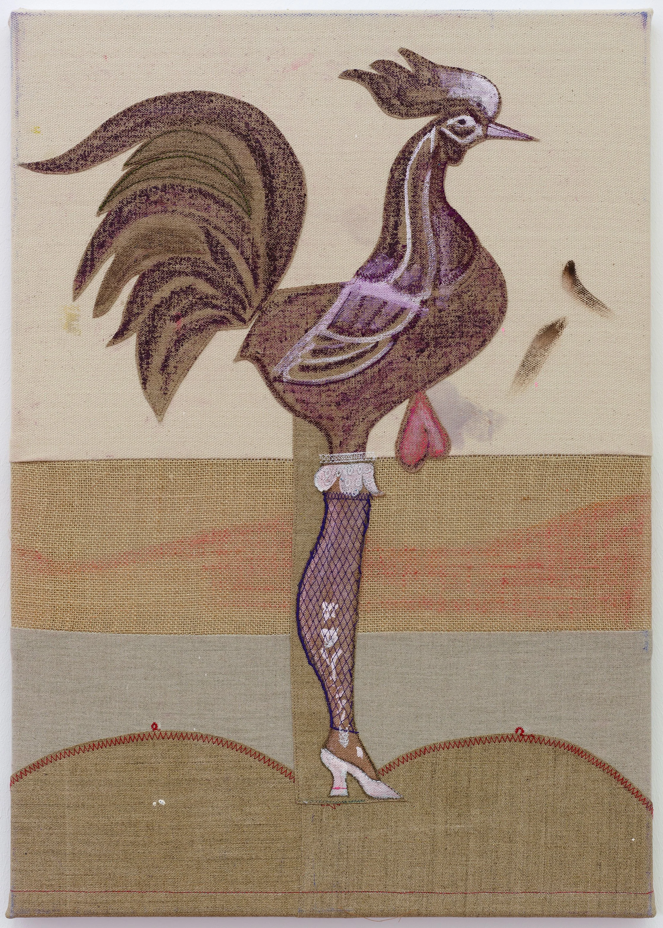  Native Gockel , 2018
Oil, pigments, Capaplex and yarn on canvas and jute
25 3/4 x 18 1/8 in | 65 x 46 cm