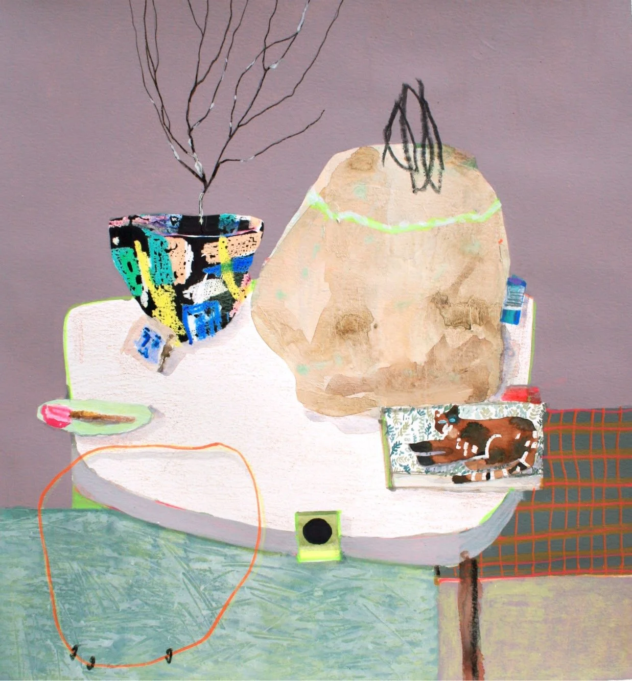  Still Life with Cat and Clunky Things , 2018
Mixed media on paper
16 x 17 in | 40.5 x 43 cm