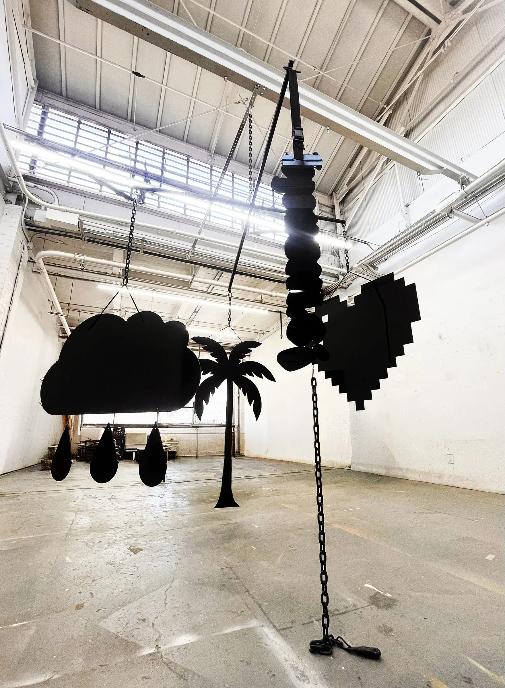  Mobile (Pleasure!) , 2026
Steel, powder coated steel chain, dibond, ball chain, hardware
96 x 96 x 96 in | 243 x 244 x 244 cm