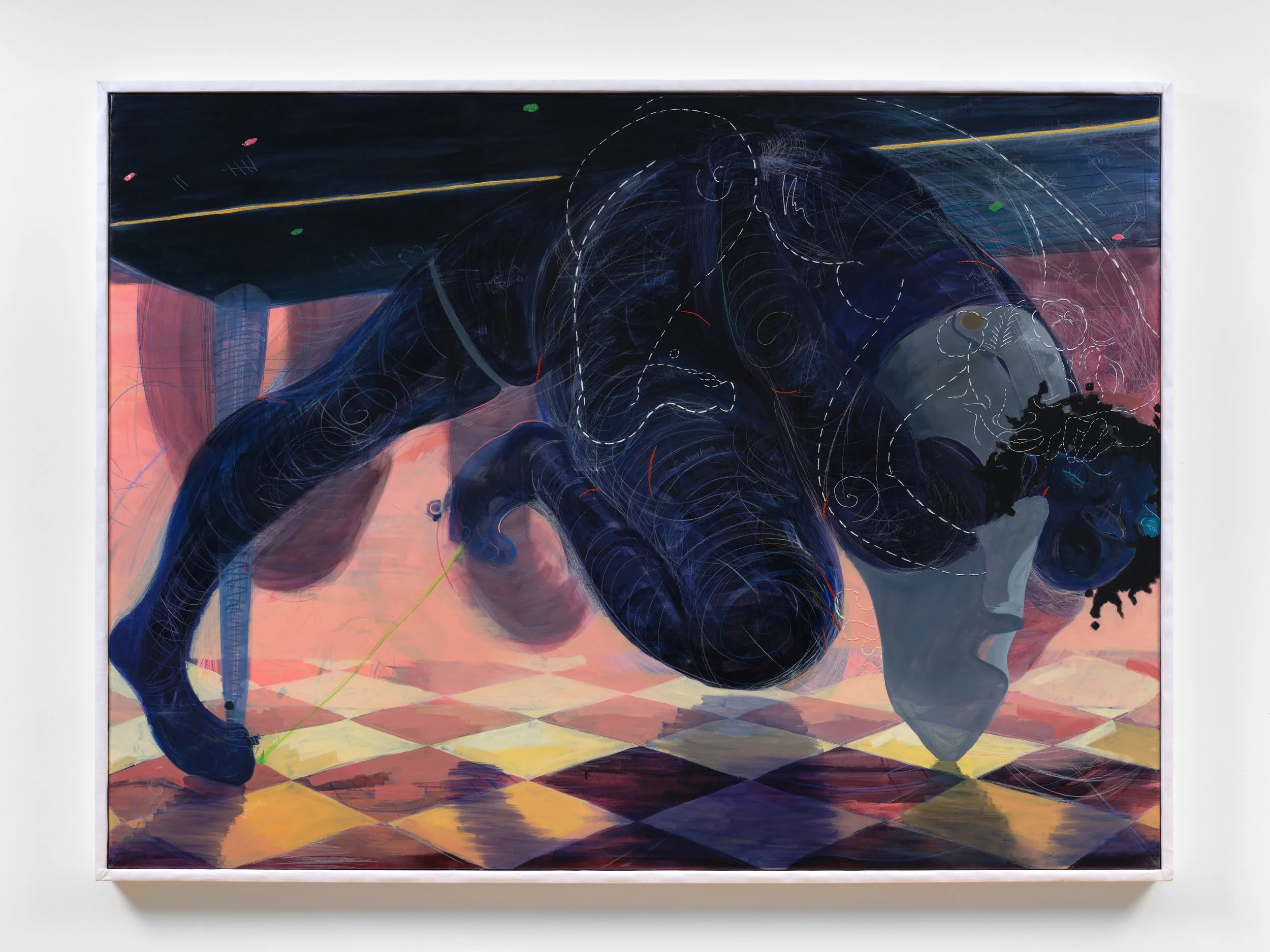  Tenderheaded , 2023
Acrylic, oil, pastel, crayon, and rhinestones on canvas with upholstered frame
147 x 198 cm | 58 x 78 in