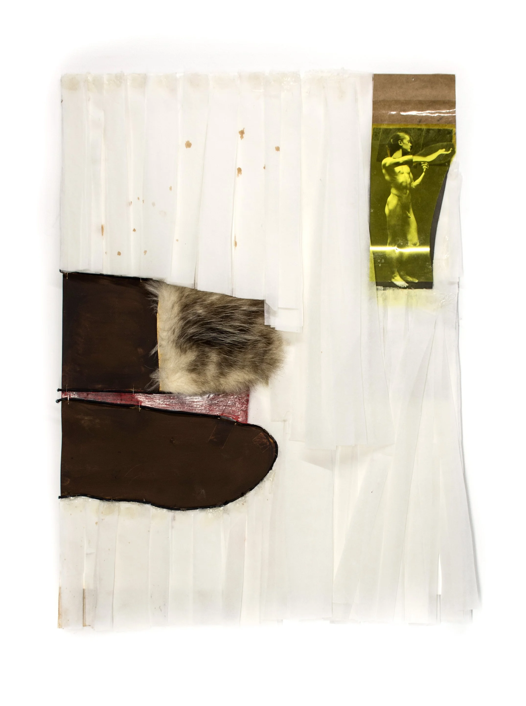  Dear God , 2017
Opossum fur, found photograph, yellow lighting filter, cord, paper, and oil pastel on paper
65.5 x 46 cm | 25 3/4 x 18 1/4 in
Framed: 79 x 63 x 5 cm | 31 1/8 x 24 3/4 x 2 in