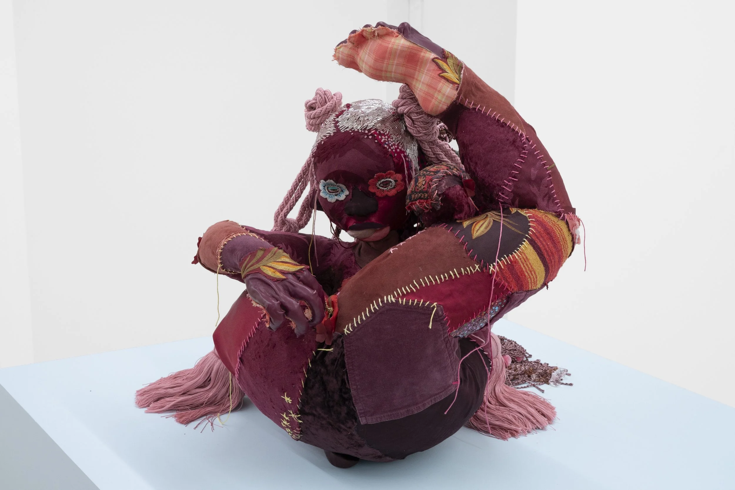  Self insured , 2023
Aluminum foil, wire, foam, epoxy clay, various fabrics and reclaimed leathers, assorted beads, brass hooks, tassels, zipper, acrylic paint, and embroidery floss
58.5 x 51 x 81.5 cm | 23 x 20 x 32 in