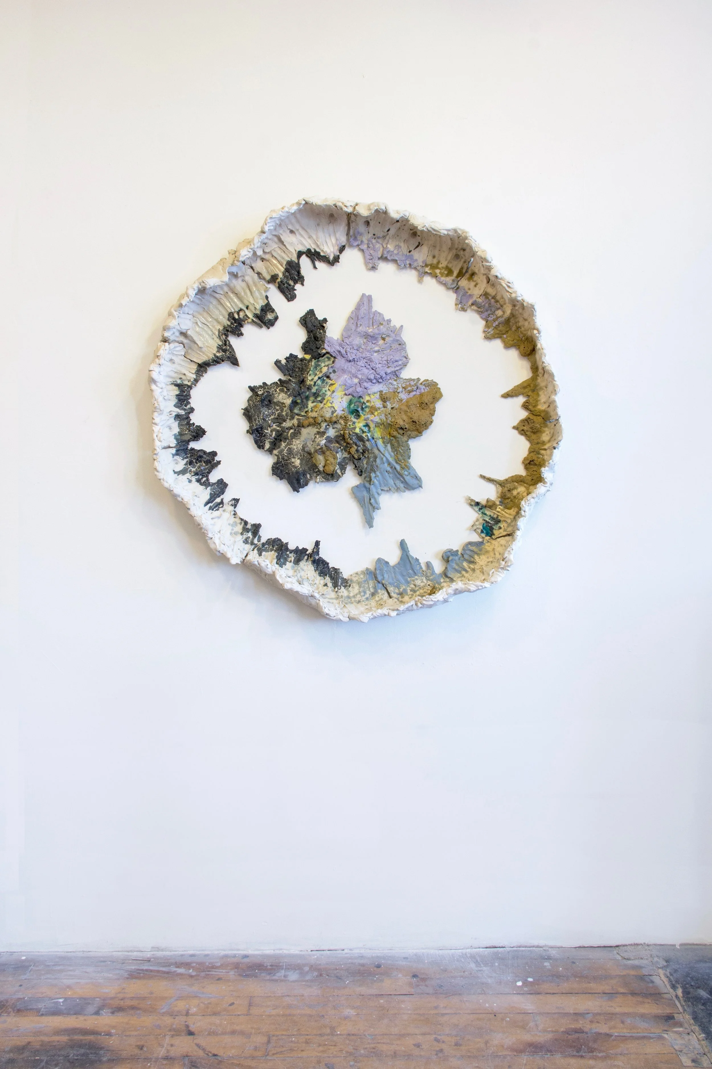 Brie Ruais
 Centering in on the Hold (Great Basin Desert, Nevada), 135 lbs , 2018
Glazed stoneware, hardware
46 x 47 x 7 1/2 in | 117 x 119 x 19 cm