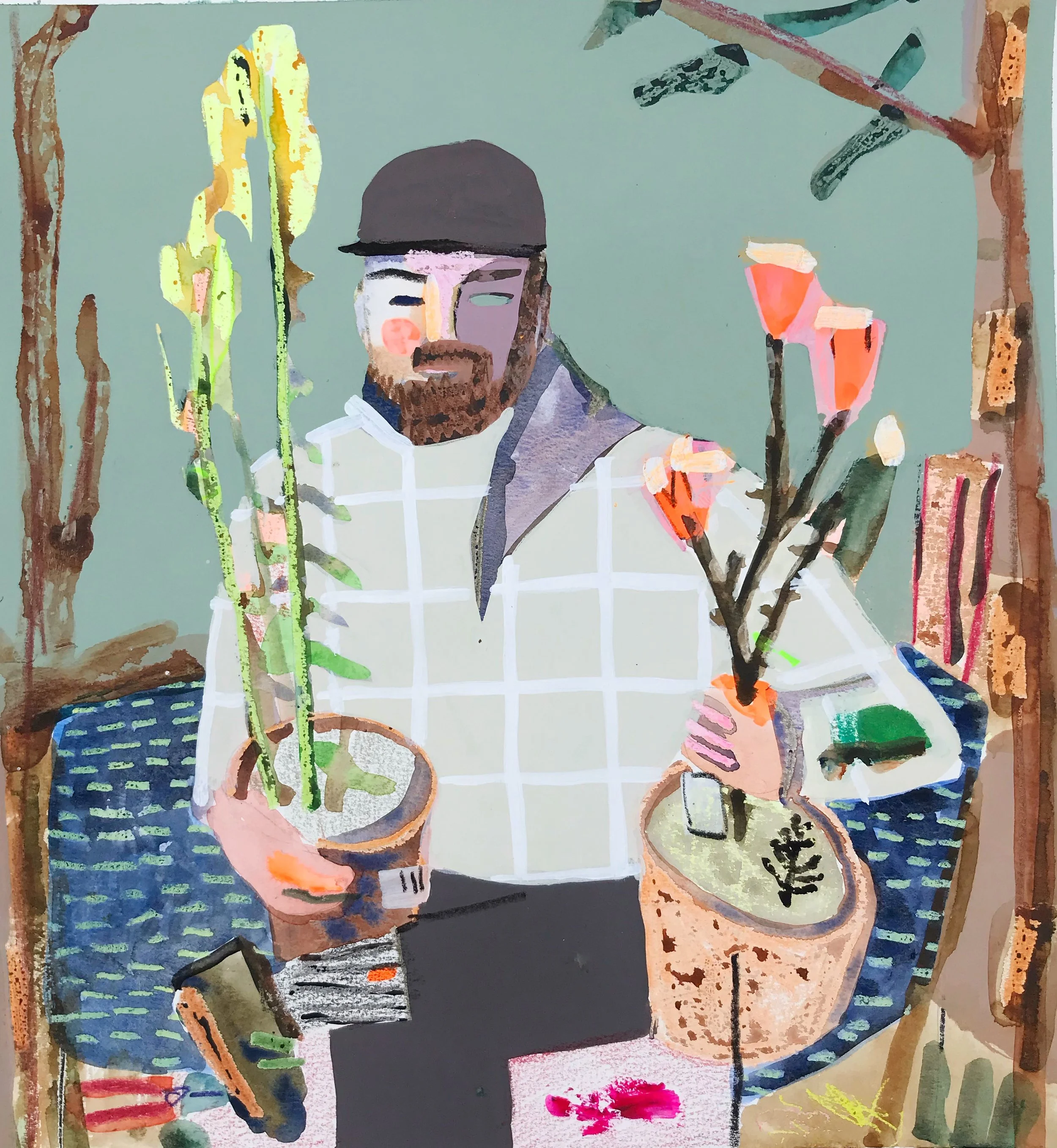  Dan as the Gardener , 2019
Mixed media on paper
16 x 17 in | 40.5 x 43 cm
21 3/4 x 20 3/4 in (framed) | 55 x 52.5 cm (framed)