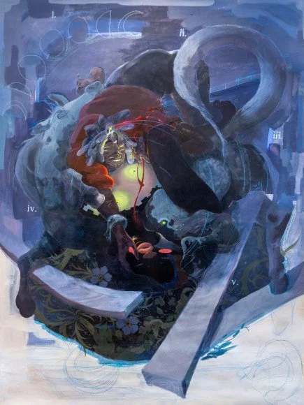  You and the Horse You Rode in On , 2021
Acrylic, oil, pastel and rhinestones on canvas (hung with colored grommets)
183 x 152.5 cm | 72 x 60 in