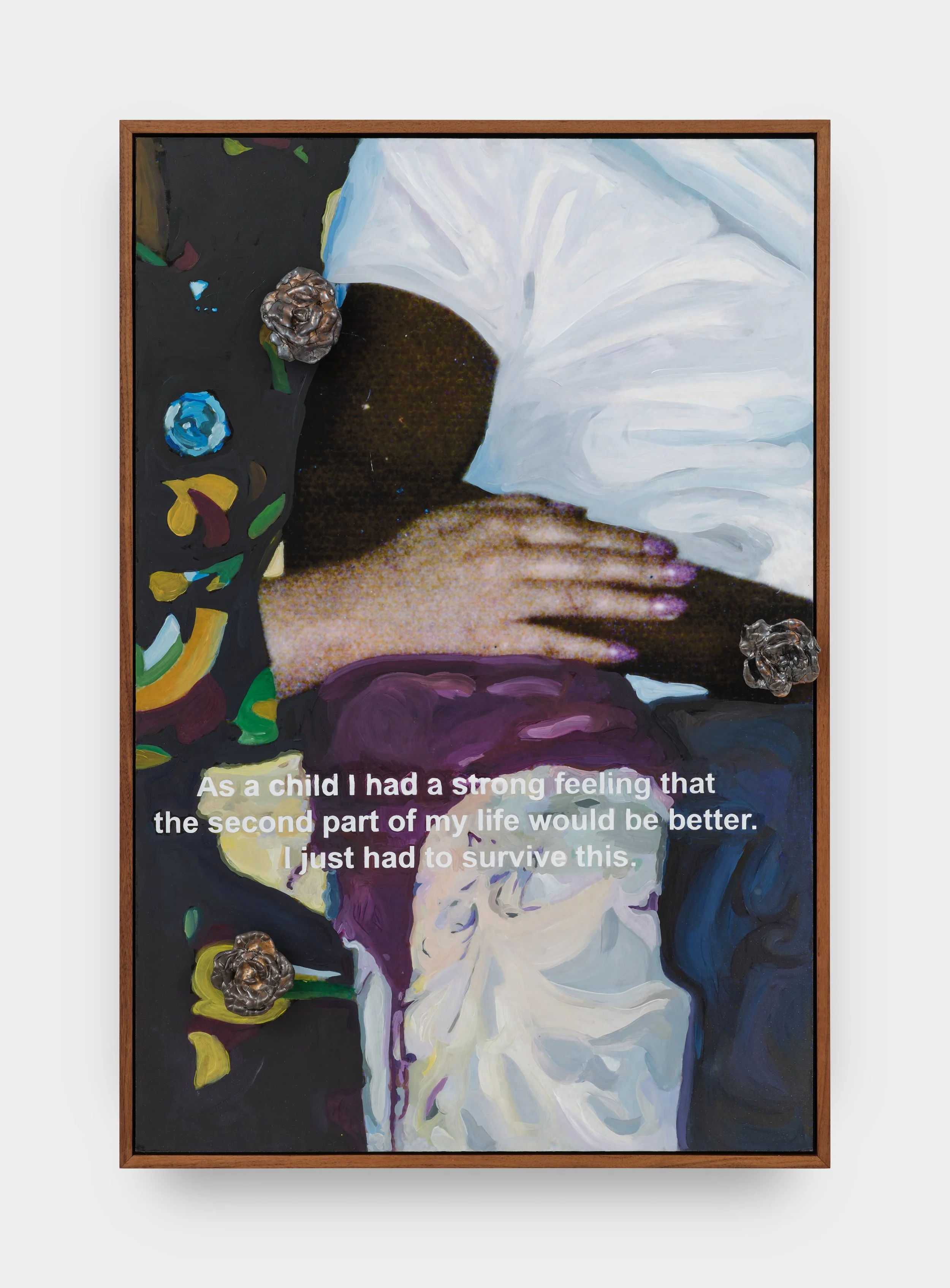 LaRissa Rogers
 Faithfull and True (II) , 2025
digital print, acrylic, glazed porcelain, screen print, walnut frame
30 x 20 in | 76 x 51 cm 
31 1/4 x 21 1/4 in | 79 x 54 cm (framed)