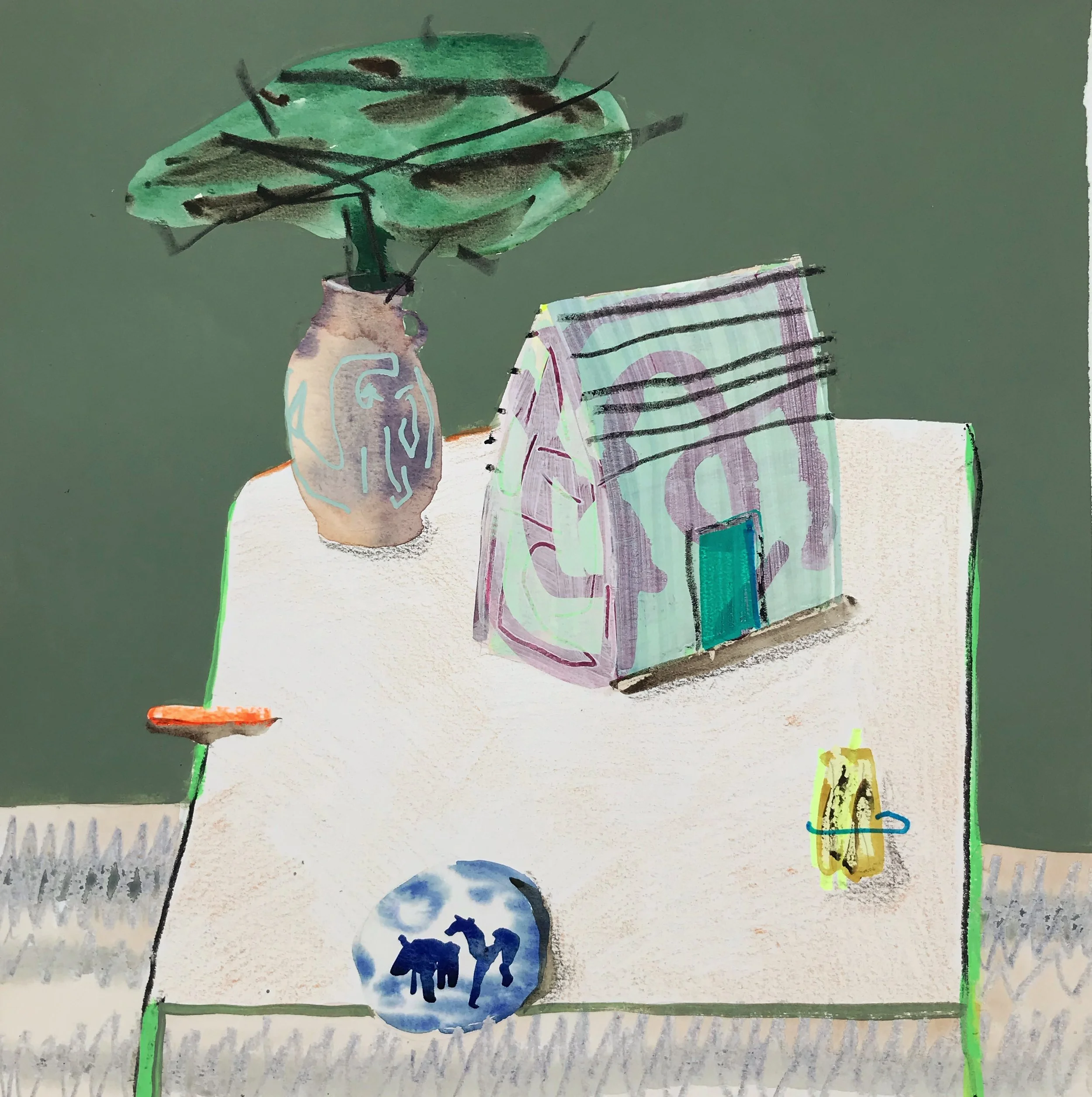  Still Life with Box House , 2019
Mixed media on paper
16 x 16 1/2 in | 40.5 x 42 cm
21 3/4 x 20 3/4 in (framed) | 55 x 52.5 cm (framed)