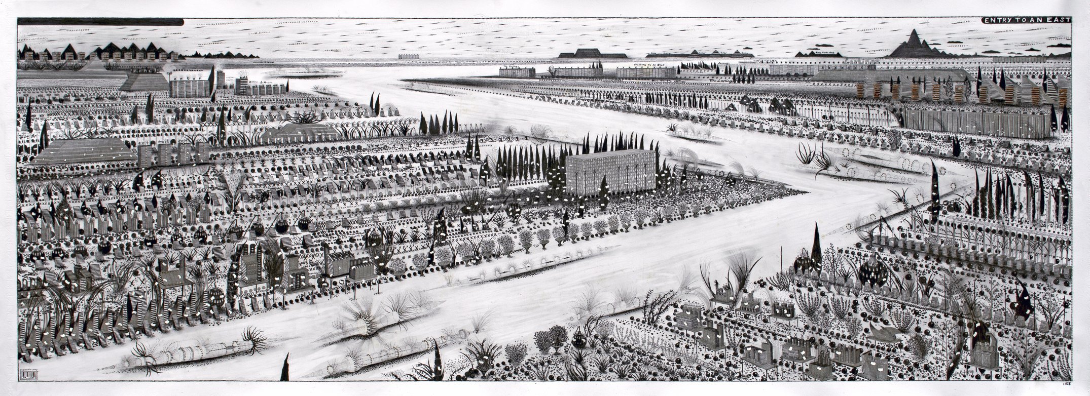  Entry to an East , 2018
Graphite, silver ink, copper leaf and acrylic paint on Fabriano 4 paper
55 x 148 cm / 21 1/2 x 58 1/4 in